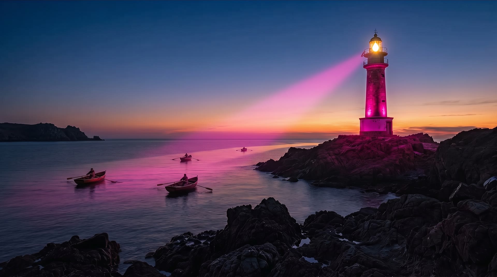 The Rockbeach lighthouse beam guiding rowboats to shore at dusk